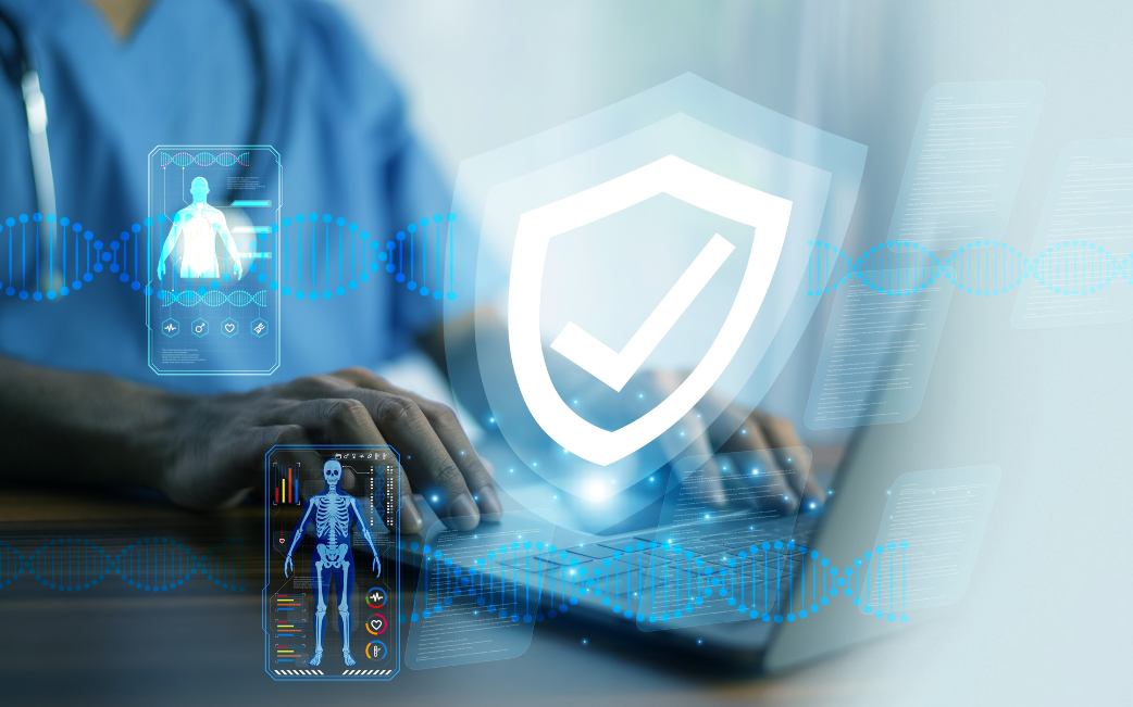 Healthcare AI security dashboard showing patient data protection features and compliance indicators